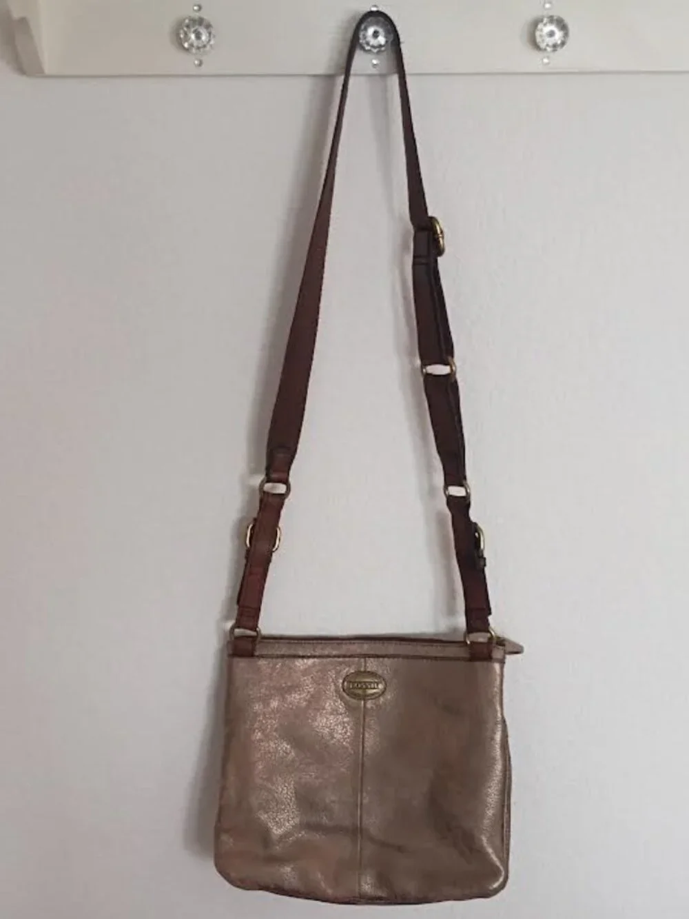 FOSSIL EXPLORER MEDIUM CROSSBODY TRIPLE ZIPPER GOLD TAN CROSSBODY LEATHER BAG